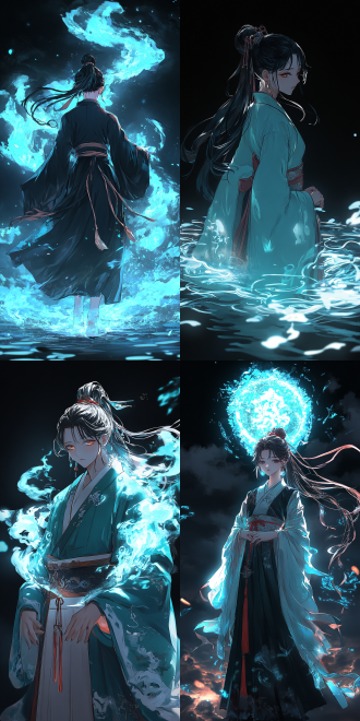 灵族少女剑圣插剑伫立，森林中，逆光，长袍飘逸，眼神坚定，侧颜，金色长发，细腻肌肤，剑身闪耀，神秘氛围，自然光，广角镜头，高对比度，冷色调，静谧，力量感。