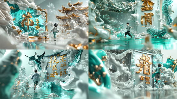 动漫风格，翡翠配色，酸性风格，少年奔跑，巨匾旁，比例一致，主体突出，高饱和度，广角镜头，逆光，动态模糊，紧张感，活力四射。