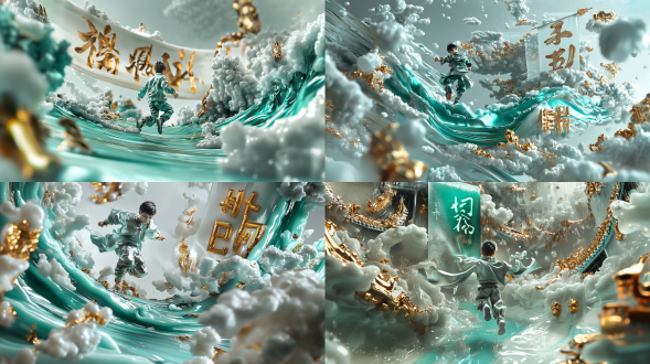 动漫风格，翡翠配色，酸性风格，少年奔跑，巨匾占据1/3画面，对角线布局，高对比度，广角镜头，侧光，快速快门，动感，紧张，绿色调，金属质感，未来感。