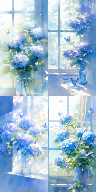 窗台绣球花，水彩手绘，治愈简约，水珠闪耀，蓝闪蝶飞舞，超高画质，丁达尔光线，自然光，细节丰富，大蓝闪蝶，闪闪发光，水彩风格，治愈氛围，简约设计，自然光照明，细节描绘，画质高清，光线柔和，色彩鲜艳，动态飞舞，静谧氛围。