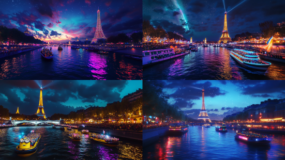 帆船塞纳河，小黄人挥手，奥运旗帜，埃菲尔铁塔夜景，梵高风格星空，河畔人群欢呼，霓虹灯光，广角镜头，高饱和色彩，动态模糊，欢快氛围，夜晚，浪漫情调，大师级作品，星光闪烁，河面反射，人群表情喜悦，小黄人动作活泼，奥运旗帜飘扬，埃菲尔铁塔灯光璀璨，梵高风格星空绚丽，河畔人群欢呼，霓虹灯光闪耀，广角镜头捕捉全景，高饱和色彩鲜艳，动态模糊增添动感，欢快氛围洋溢，夜晚浪漫情调浓郁，大师级作品精致。 梵高 赛博空间 远景透视 霓虹 荧光霓虹灯 新未来主义