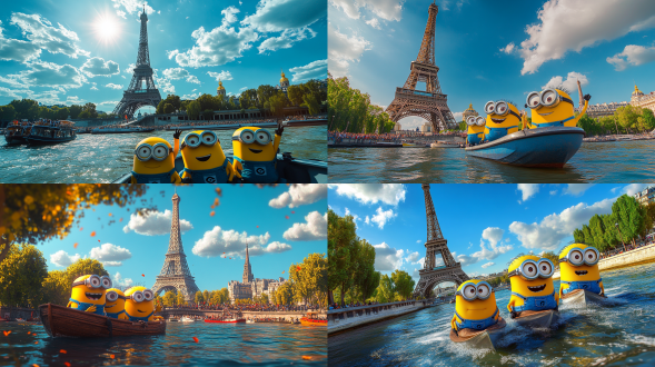 帆船塞纳河，三个小黄人挥手，表情生动可爱，动作生动活泼，蓝天白云下的埃菲尔铁塔，阳光充足，塞纳河波光粼粼，河畔人群欢呼，大师级作品，广角镜头，高饱和度，自然光，动态捕捉，欢快，生动，明亮，河景，人群，欢呼，大师级，生动活泼，表情丰富，动作生动，蓝天白云，阳光充足，波光粼粼，河畔，欢快氛围。 埃菲尔铁塔 消失点构图 太阳光 梵高 法式花园
