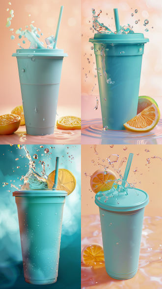 夏天奶茶广告，液体飞溅，杯子闪光水珠，水波环绕，冰块飞溅，热带水果切片，动感冰霜，简约背景，夏日清凉，细节精细，光影分明，自然光，产品突出，清新感，8k超高清，微距镜头，侧光，冷色调，静物摄影，诱人。 oc渲染器 俯视 粉彩色 超现实主义