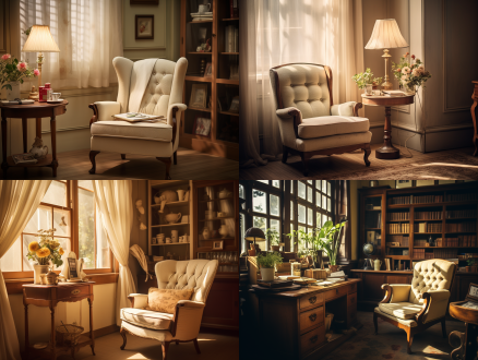 心理医生办公室，复古风格，奶油色调，带裙边椅套的椅子，做旧木家具，复古布艺装饰，柔和光线，中焦镜头，温馨氛围，宁静情绪。 oc渲染器 充满阳光 办公室 木制 布料 复古室内 全景