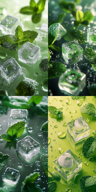 晶莹冰块与新鲜薄荷叶，水珠点缀，极简风格，自然光，近景，清晰细节，冷色调，清新感，微距镜头，侧光，高清晰度，静物，清新，宁静。 oc渲染器 干净背景 特写 艳柠檬绿 流体 冰 冰冷