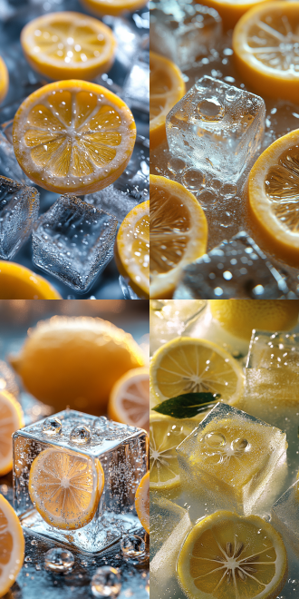 晶莹冰块与切开的柠檬片，水珠点缀，极简风格，自然光，近景，4k超清，清晰细节，冷色调，清新感，静物摄影，微距镜头，高光，低饱和，清新，自然，宁静。 oc渲染器 干净背景 流体 冰 冰冷 柠檬黄 黄金比例构图
