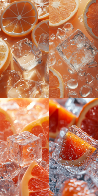晶莹冰块与切开的西柚片，水珠点缀，极简风格，自然光，近景，4k超清，清晰细节，冷色调，清新感。 oc渲染器 干净背景 流体 冰 冰冷 全景 浅橙 橙色 枫叶红