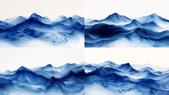 薄纱织物山脉，渐变留白，极简主义，中国山水画，透视美学，流动形式，空灵梦幻，奇幻超现实，柔和光线，细腻笔触，大面积留白，渐变色彩，极简构图，透视效果，流动感，梦幻氛围，超现实风格，柔和照明，细腻描绘。 极简主义 山脉 远景透视 靛蓝