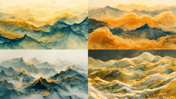 薄纱织物山脉，渐变留白，极简主义，中国山水画，透视美学，流动形式，空灵梦幻，奇幻超现实，柔和光线，细腻笔触，大面积留白，渐变色彩，极简构图，透视效果，流动感，梦幻氛围，超现实风格，柔和照明，细腻描绘。 极简主义 山脉 远景透视 黑金