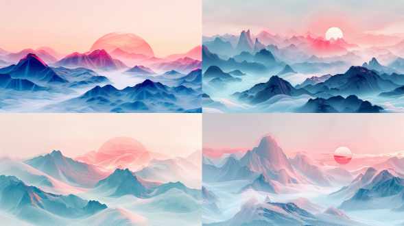 薄纱织物山脉，渐变留白，极简主义，中国山水画，透视美学，流动形式，空灵梦幻，奇幻超现实，柔和光线，细腻笔触，大面积留白，渐变色彩，极简构图，透视效果，流动感，梦幻氛围，超现实风格，柔和照明，细腻描绘。 极简主义 山脉 远景透视 日落渐变