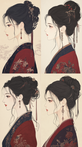 唐代女人侧脸，极简线条，苏式园林背景，4k超高清，细腻光影，柔和色调，静谧氛围，文化韵味，侧脸轮廓，唐代妆容，耳饰，线条勾勒，高分辨率，自然光，静态，优雅，传统。 极简主义 干净背景 单线图 中国水墨 红黑 黑白 极限特写