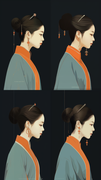 唐代女人侧脸，极简线条，苏式园林背景，4k超高清，细腻光影，柔和色调，静谧氛围，文化韵味，唐代妆容，耳饰，侧脸轮廓，线条勾勒，超高清，光影细腻，色调柔和，氛围静谧，文化韵味。 极简主义 干净背景 单线图 中国水墨 红黑 黑白 极限特写