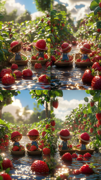 两人船湖中漂，草莓植物环绕，红色草莓岩岛，虚幻引擎动画，皮克斯风格，微型农民装扮，水面采摘蔬菜，电影感，蓝色调，自然光，广角镜头，细节丰富，温馨氛围。 虚幻引擎 皮克斯 微距