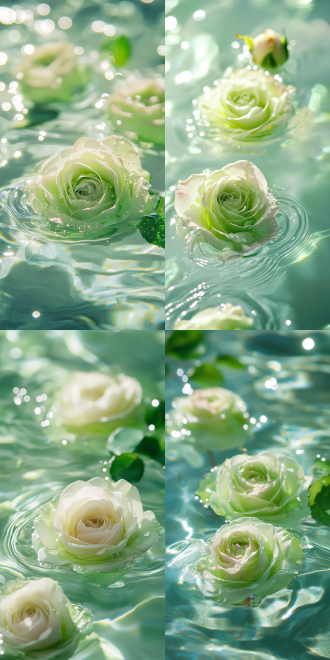 水上漂浮玫瑰，浅绿色花朵，晶莹水珠，清透的水体，彩虹反射，水波纹，4k超高清，宁静，柔和色彩，梦幻氛围，细腻纹理，清新色调，微距镜头，自然光，平静水面，细腻质感，柔和光线，清新空气，梦幻场景。 摄影纪实 干净背景 鸟瞰 浅绿 阳光照射