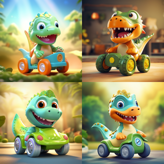 卡通婴童玩具车，恐龙元素，四轮设计，外壳恐龙造型，鲜艳色彩，儿童房背景，柔和光线，广角镜头，动态捕捉，欢乐氛围。
