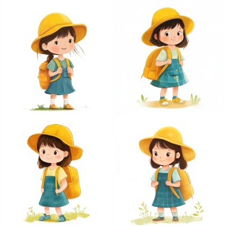 小女孩戴黄帽出游，手绘图案，白色背景，极简风格，adobe illustrator风格，明亮色彩，正面光，柔和边缘，快乐表情，探索姿态。 超扁平