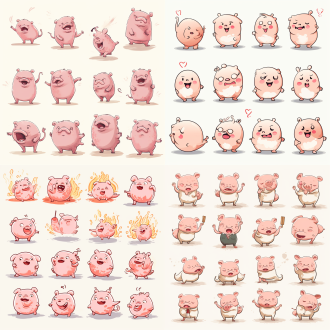 猪的各种表情，生气、开心、生气、卖萌、表达爱意，漫画线条，可爱风格，火柴人风格，动态姿势，白色背景，f/64小组，相关性格，老梗核，粉笔风格，3:4比例，250风格，niji 5，400风格，可爱风格。
