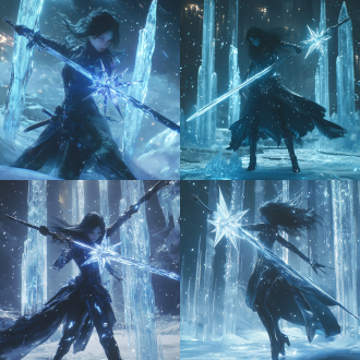 鬼灭之刃女性角色，中长发高挑身材清凉着装，持冰属性星型刀萼日本刀，冰柱环绕，战后，居中构图，4k，冷色调，侧光。