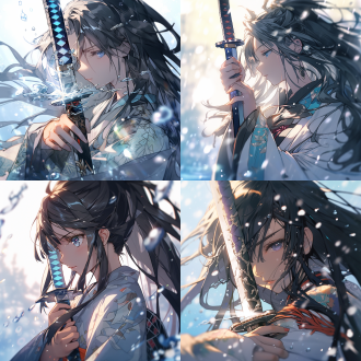 日本长发高挑女性着清凉装持冰属性日本刀，战斗结束，三分构图，4k画质，室外，逆光，特写，疲惫，冷色调，