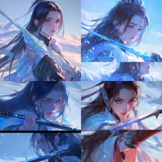 中国高挑长发女性，清凉着装持冰大刀，战斗后场景，三分构图，4k画质，室外，逆光，特写，疲惫，冷色调，