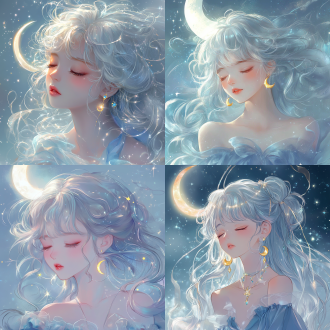 梦幻唯美二次元插画风：融合柔和光影、清新低饱和色调，搭配细腻的线条与渐变渲染，营造出空灵浪漫的童话氛围，带轻微光晕特效增强梦幻感，二、画面元素 主体人物：闭眼的银发少女，发丝呈波浪卷，泛着珍珠光泽，脸颊带淡淡红晕，唇色浅粉，佩戴月牙形黄色耳环（嵌蓝色宝石）。 服饰细节：身着蓝紫色渐变服饰，布料质感轻盈，领口与边缘有微光流动，若隐若现的飘带缠绕。 氛围元素：背景浅蓝渐变，左上角悬弯月，周围散布大小不一的闪烁星星，发丝间穿插发光星轨线条，整体被柔和光晕包裹。 三、构成方法 特写构图：聚焦人物上半身，头部居画面中心偏上位置，利用发丝自然延伸填充画面空间。 光影引导：主光源从上方偏左投射，突出发丝光泽与面部立体感，星星与光晕作为点缀光源，增强画面层次感。 元素环绕：弯月、星星分布在人物周围，形成视觉环绕效果，强化「少女与星空」的主题关联。 四、分段描述 人物主体：细腻刻画银发的卷曲纹理与光泽，少女闭眼神态恬静，耳环细节清晰，服饰褶皱随身体曲线自然起伏。 氛围营造：背景浅蓝渐变模拟夜空，弯月与星星分布错落有致，星星闪烁亮度分层，部分星星拖尾光效增加动态感。 光影融合：发丝受光面高亮，背光面保留柔和阴影，服饰微光与背景光晕自然衔接，整体画面通透无生硬边界。