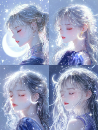 闭眼银发少女着蓝紫渐变服饰，特写构图，浅蓝星空背景，弯月星星环绕，柔和顶光，低饱和色调，细腻线条，光晕特效，空灵浪漫。