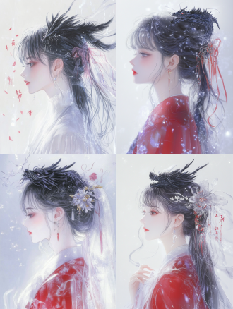 侧颜女孩着红衣，头有墨龙，红书字点缀，中心构图，层叠呼应，国潮水墨风，高饱和，侧光，精细刻画，神秘氛围。