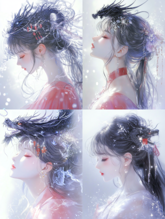 侧颜红衣女孩俯冲而下，头有墨龙，红书字点缀，中心构图，国潮水墨风，高饱和侧光，精细刻画，神秘氛围。