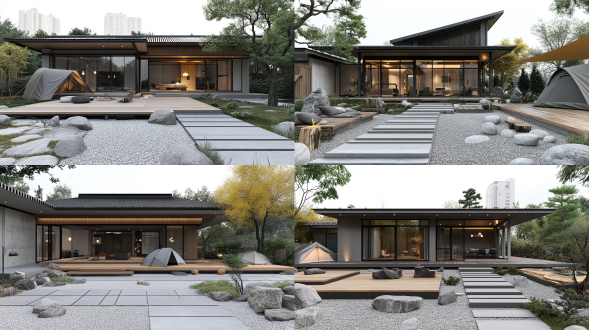 叠排屋顶，对角线布局，碎石小道，木地板，露营帐篷，城市景观，新中式风格，玻璃栏杆，开放式设计，va渲染器，轻松愉悦，清新明亮，多细节，高清，广角镜头，自然光，细节丰富，色彩鲜艳，环境融合，现代感，宁静氛围。