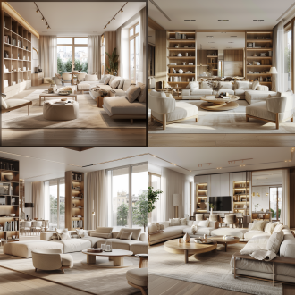 简约自然舒适，平衡功能美学，浅色调，白色灰色米色，木制家具，充足自然光，温暖宁静活泼，16k超清，室内环境，柔和光线，宽广视角，生活空间，温馨氛围。