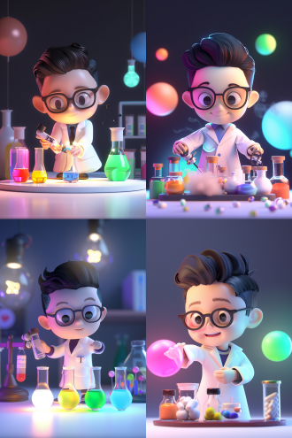 小中国科学家做实验，全身照，迷你人偶，盲盒，ip，玩具，q版，可爱，3d，c4d，oc渲染，样机，黏土，泡泡玛特，皮克斯，迪士尼，干净背景，黏土，样机盲盒玩具，3d，oc渲染前光全身照，8k，高分辨率，细节丰富，色彩鲜艳，表情专注，实验器材，科学氛围，创意设计，盲盒收藏，玩具模型，q版造型，3d渲染，前光照明，全身拍摄。