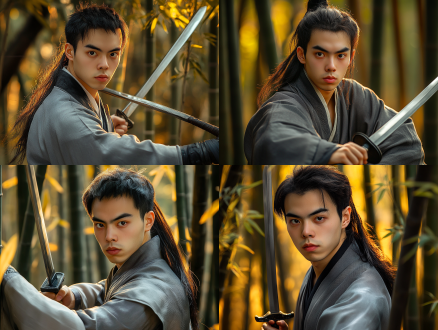 英俊的年轻亚洲骑士，长发，灰色丝绸汉服，手持中国唐剑，竹林中，阳光透过树叶照在他身上，战斗姿态，对角线构图，高对比度，自然光，广角镜头，动态模糊，紧张，专注。