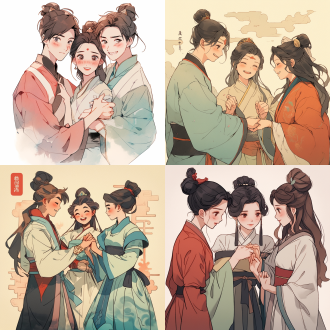 两个汉代姐姐和一个汉代弟弟握手，汉服，开心面容，漫画风格，粗体卡通石版画，细腻线条，柔和光线，高分辨率，数字绘画，扁平化设计，冷色调，细腻纹理，专注眼神，东方美学。