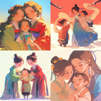 两个汉代姐姐和小男孩，穿汉服，开心面容，手牵手，漫画风格，粗体卡通石版画，细腻线条，柔和光线，高分辨率，数字绘画，扁平化设计，冷色调，细腻纹理，专注眼神，东方美学，生动角色设计，表情包，坚定，自信，有力量。