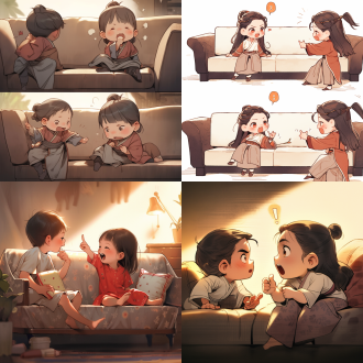 两个汉代小孩子，沙发上聊天，漫画风格，表情包，开心，惊奇，古典风格，可爱，线条细腻，光线柔和，暖色调，专注眼神，东方美学，对角线布局，高对比度，室内，暖色调，广角镜头，侧光，快速快门，跳跃，紧张。
