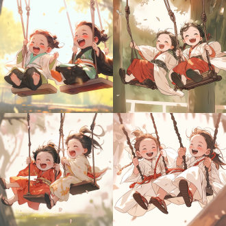 两个汉代小孩子荡秋千，漫画风格，表情包，开心，古典风格，可爱，线条细腻，光线柔和，暖色调，东方美学，对称构图，广角镜头，自然光，动态模糊，童真，温馨。