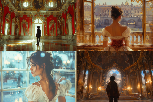 人站在20面镜子前，每面镜子映出相同形象，中心构图，巴洛克式镜子，光，晶莹剔透，温柔，二次元画风，超精致脸部，油画笔触，油画质感，细腻肌肤，柔和光线，镜面反射，对称布局，梦幻氛围，精致服饰，优雅姿态，细腻笔触，丰富色彩，情感表达，艺术感，古典美。