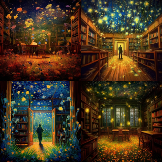 梵高星夜风格插图，复古图书馆内，夏夜绽放野花，萤火虫舞动，浪漫场景，多巴胺明亮色彩，尺寸16:9，润色100，采用尼基5相机，环境情感，色彩丰富，神秘氛围。