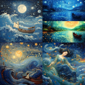 色彩曲线、点元素、倪传婧风格、梵高风，超高清，细节精致，清水风格，珠链浮于海，光影交织，蓝色调，中式风，天空泛光，流星入梦。
