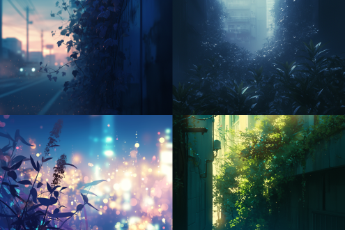 黑暗城市景观，有细腻自然植物，三分法构图，侧逆光，冷调，梦幻氛围，低饱和度，长焦镜头，城市街道，神秘。