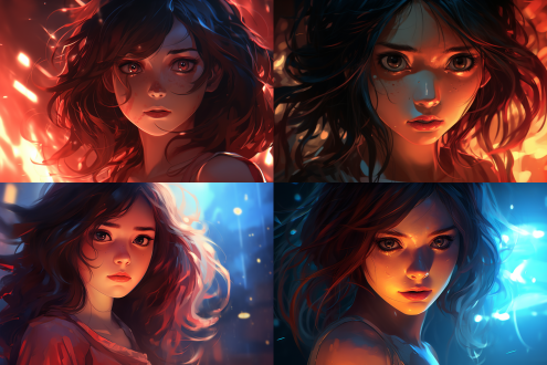 宫崎骏风格美少女，猩红眼睛居中，梦幻冷调氛围，微距逆光，画面细腻，有艺术感与深邃情感，卡通风格。 卡通