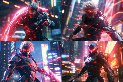 badass cyber-samurai in explosive anime action pose, glowing plasma katana slicing through raindrops, black exoskeleton armor with neon red circuit veins, mechanical dragon tattoo glowing on chest, cybernetic eye shooting laser targeting hud, dynamic wind blowing silver hair, shattered holographic billboards in background, neon-lit tokyo skyscrapers collapsing in slow motion, ultra-detailed mecha design, hyper-realistic rain reflections, in the style of cyberpunk: edgerunners ，超高质量，细节丰富