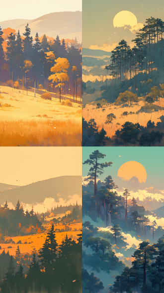 森林中的简约风格，山脉整齐排列的树林，橙色太阳右上角，下午时分，四角树叶遮挡，精细线条，细节丰富，自然环境，长焦镜头，柔和光线，静态，宁静，绿色与橙色对比。
