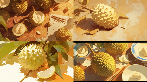 榴莲，纸质感，桌子，刺大，榴莲柄在右上角，无人