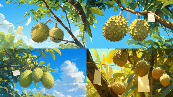 榴莲树，榴莲树上有榴莲，榴莲上有条细绳，上面挂着一张纸