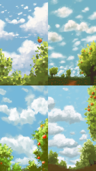 油画风格，白云蓝天，太阳左上，苹果树右下，对称构图，柔和光线，自然环境，长焦镜头，高饱和度，温暖色调，宁静氛围。