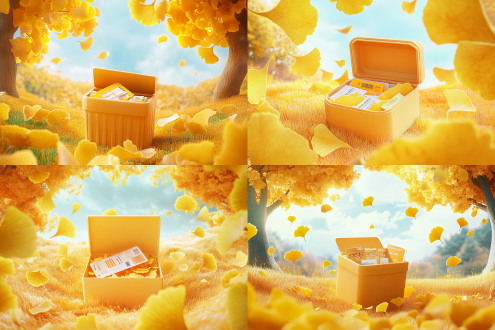 初秋蓝天展台，打开礼盒内含券包，黄色银杏叶环绕，建模质感细腻，对称构图，自然光，柔和色调，广角镜头，细节丰富，期待感。