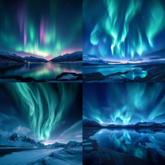 极光梦幻，夜空绚烂，北极光舞动，星辰点缀，广角镜头，低光环境，长曝光，冷色调，神秘氛围，宁静感。