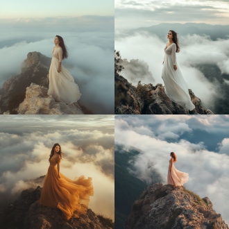 美女站山顶，云雾环绕，仙境氛围，远景构图，柔和光线，长焦镜头，自然环境，飘逸长裙，微笑表情，梦幻色彩，宁静安详。