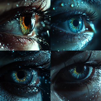 极致眼部特写，银河系瞳孔，长睫毛挂水珠，强光反射，逼真水珠，瞳孔显银河系，特写镜头，高清晰度，暗背景，冷色调，侧光，细节丰富，神秘感。